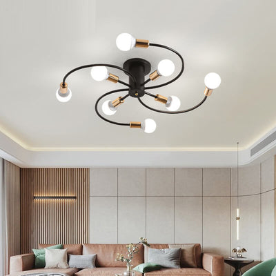 Modern Mid-Century Round Iron 6/8 Light Semi-Flush Mount Ceiling Light For Living Room