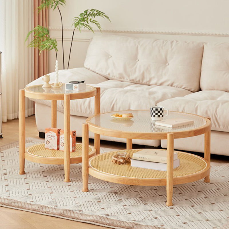 Table basse ronde minimaliste moderne en hévéa avec plateau en verre et faux rotin, à 2 niveaux, pour salon 