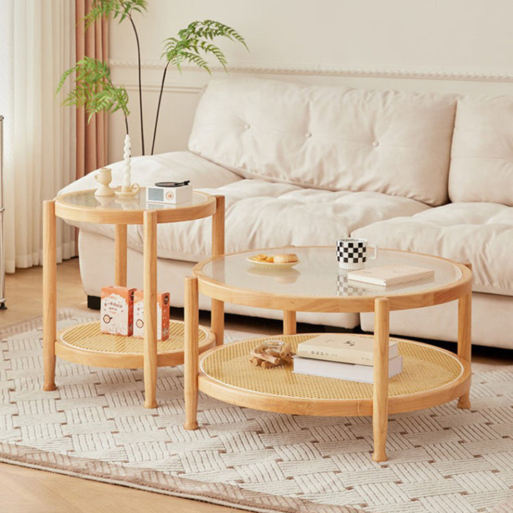 Table basse ronde minimaliste moderne en hévéa avec plateau en verre et faux rotin, à 2 niveaux, pour salon 