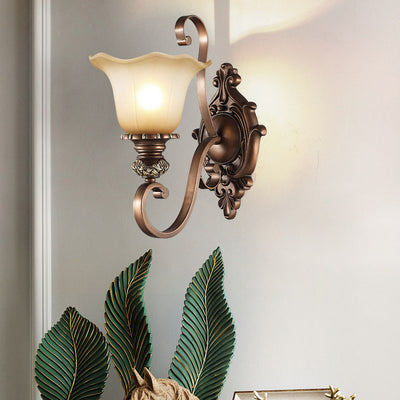 Traditionelle rustikale Milchglas-Blumenschirm-Eisen-Harz-1/2-Licht-Wandleuchter-Lampe für Schlafzimmer 
