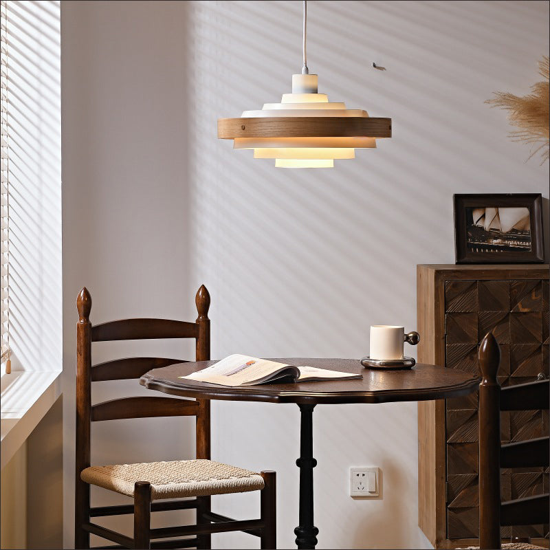 Moderne minimalistische mehrere Schichten runde Hardware Massivholz 1-Licht Pendelleuchte für Wohnzimmer 