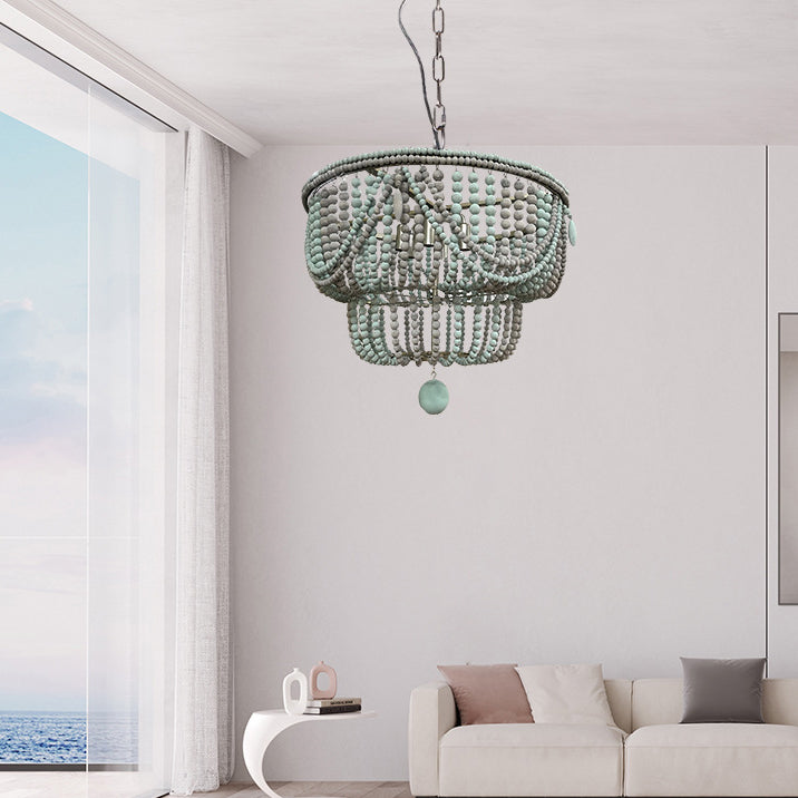 Lustre traditionnel rustique lanterne sphérique en fer et perles de bois à 4 lumières pour salon 