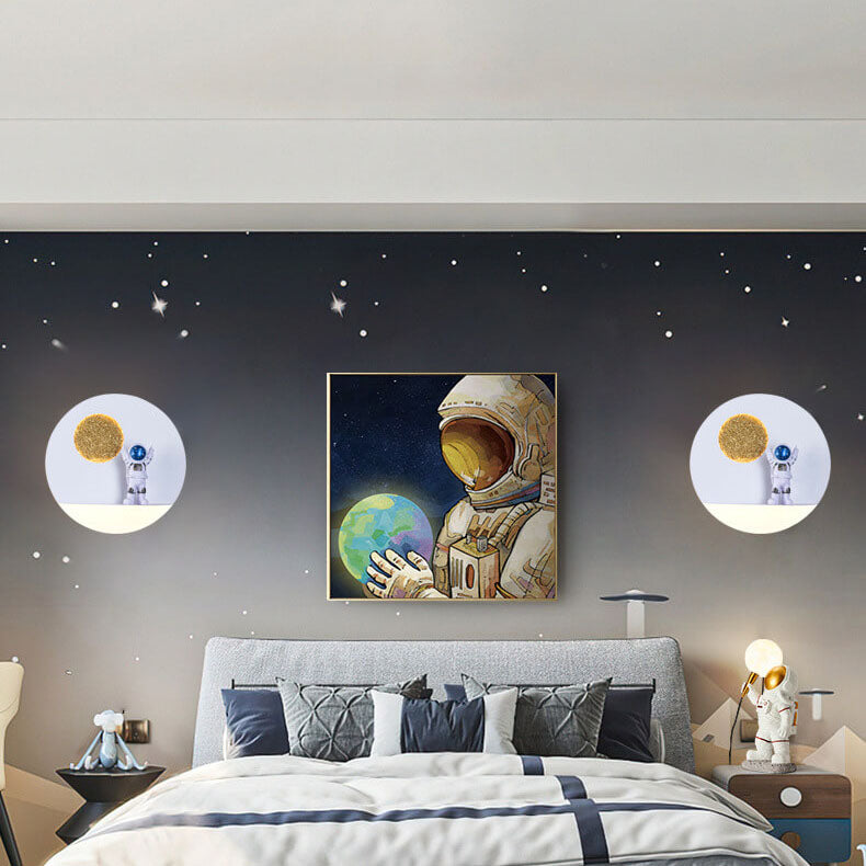 Contemporary Creative Iron Resin Round Astronaut LED Wall Sconce Lamp For Bedroom