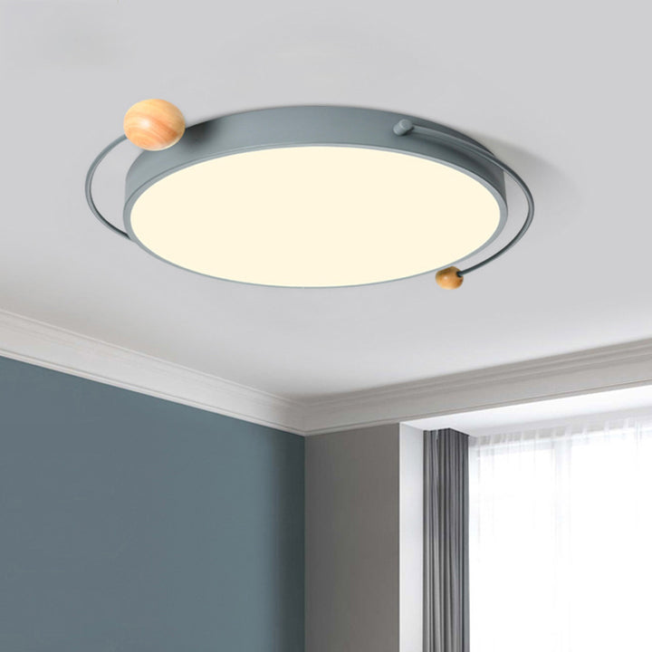 Plafonnier LED contemporain scandinave rond en orbe avec tube incurvé en fer, acrylique et bois pour chambre à coucher 