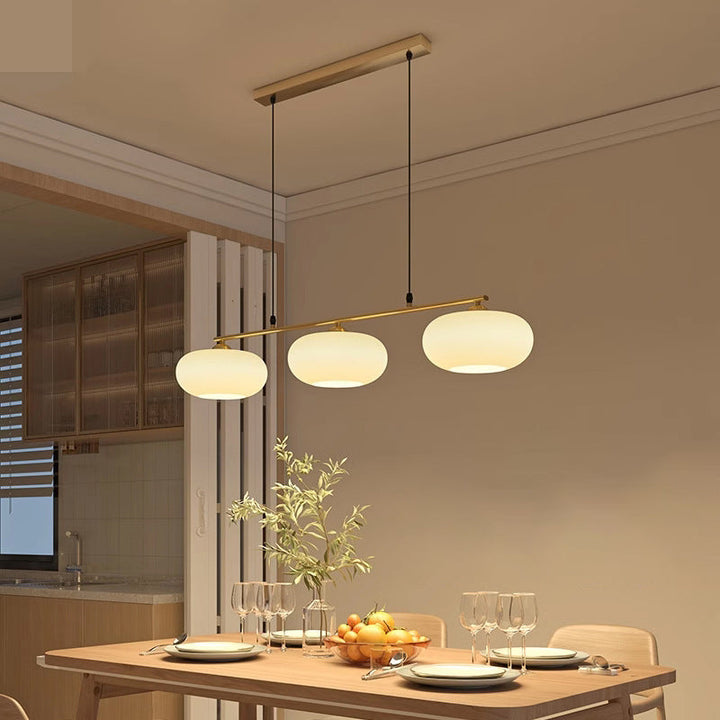 Moderner minimalistischer langer Kronleuchter aus Persimmonglas und Eisen mit 3 Lichtern für das Esszimmer 