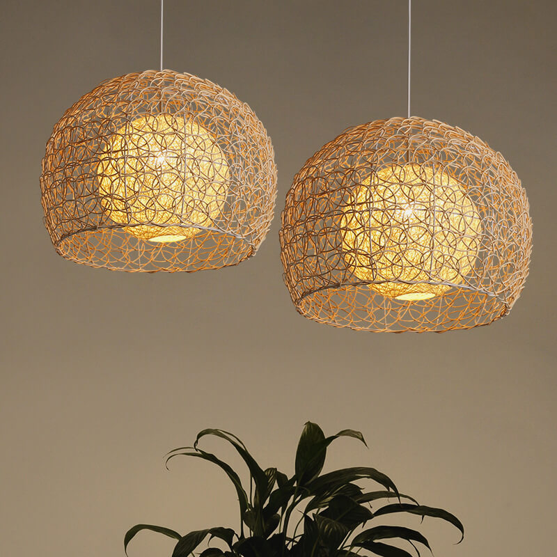 Contemporary Boho Round Faux Rattan Weaving 1-Light Pendant Light For Dining Room