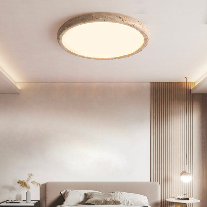 Traditional Japanese Round Yellow Travertine Acrylic LED Flush Mount Ceiling Light For Living Room