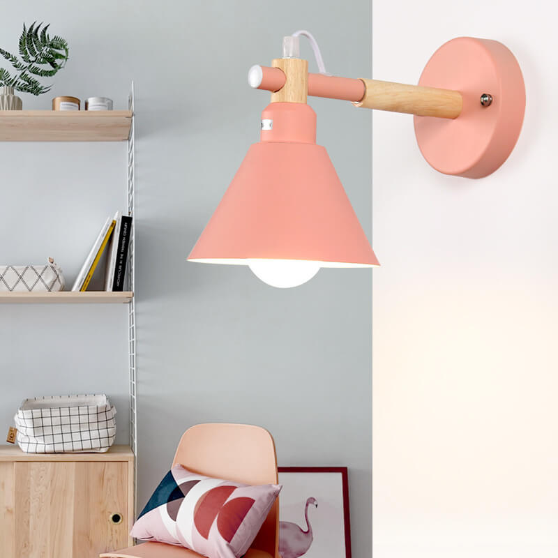 Nordic Macaron Iron Trumpet Shaped Wood 1-Light Wall Sconce Lamp