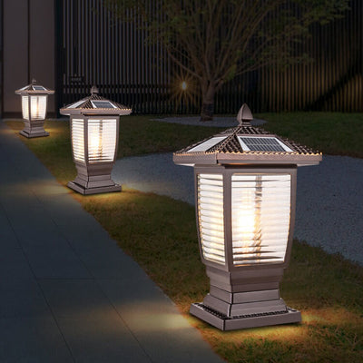 Outdoor Chinese Solar Coffee Gold Square Column 1-Light Waterproof Landscape Light