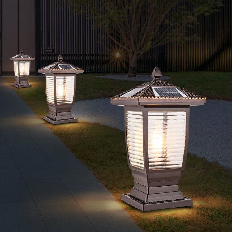 Outdoor chinesische Solar Kaffee Gold Quadrat Säule 1-Licht wasserdichte Landschaftsbeleuchtung 