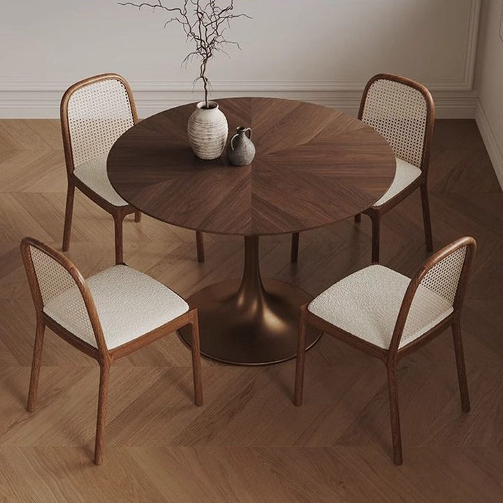 Contemporary Retro Round Black Walnut Antique Brass Plywood Rubberwood Faux Rattan Weaving Dining Table & Chair Set For 2 Seats