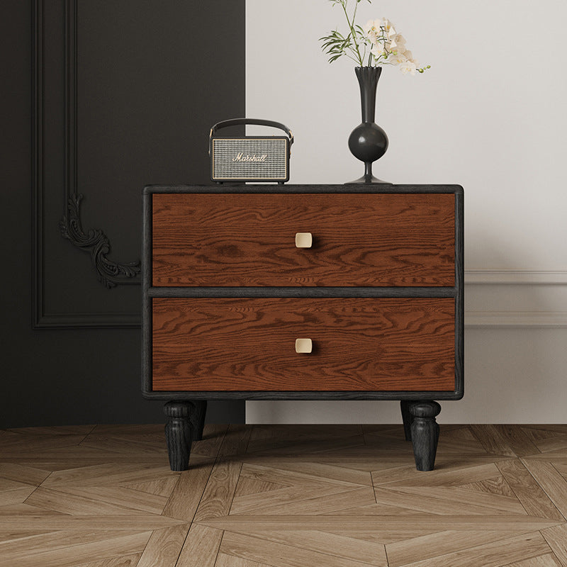 Table de nuit contemporaine rétro rectangulaire en métal à grain de bois 2 tiroirs pour chambre 