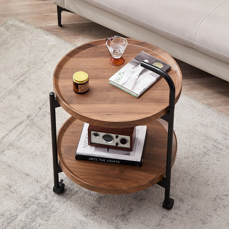 Table basse moderne minimaliste ronde en fer et bois à 2 niveaux pour le salon 