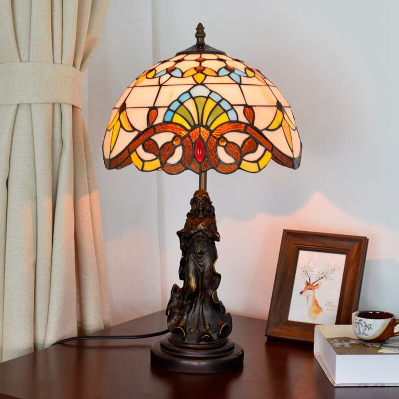 Vintage Tiffany Lotus Stained Glass Dome 1-Light Table Lamp