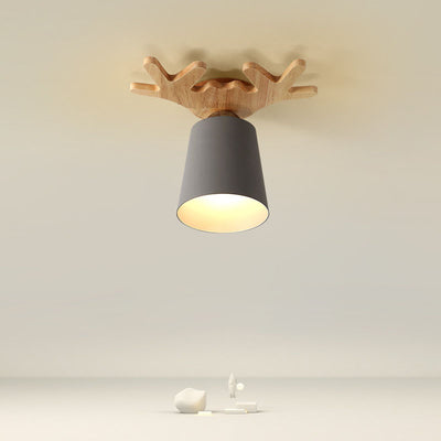 Modern Minimalist Antler Solid Wood Iron 1-Light Flush Mount Ceiling Light For Hallway