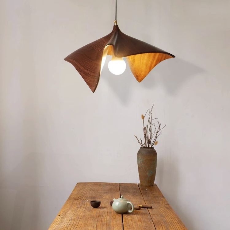 Suspension Luminaire à 1 Lumière en Forme de Feuille Irrégulière en Résine Japonaise Traditionnelle pour Salon 