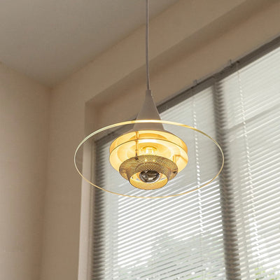 Zeitgenössische nordische runde fliegende Untertasse Kegel Hardware Glas 1-Licht Pendelleuchte für Wohnzimmer 