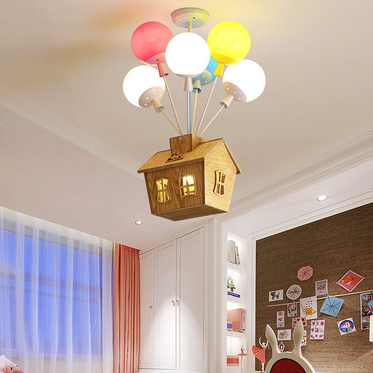 Contemporary Creative Colorful Acrylic Balloon Log Cabin 7/9-Light Kids Semi-Flush Mount Ceiling Light For Bedroom