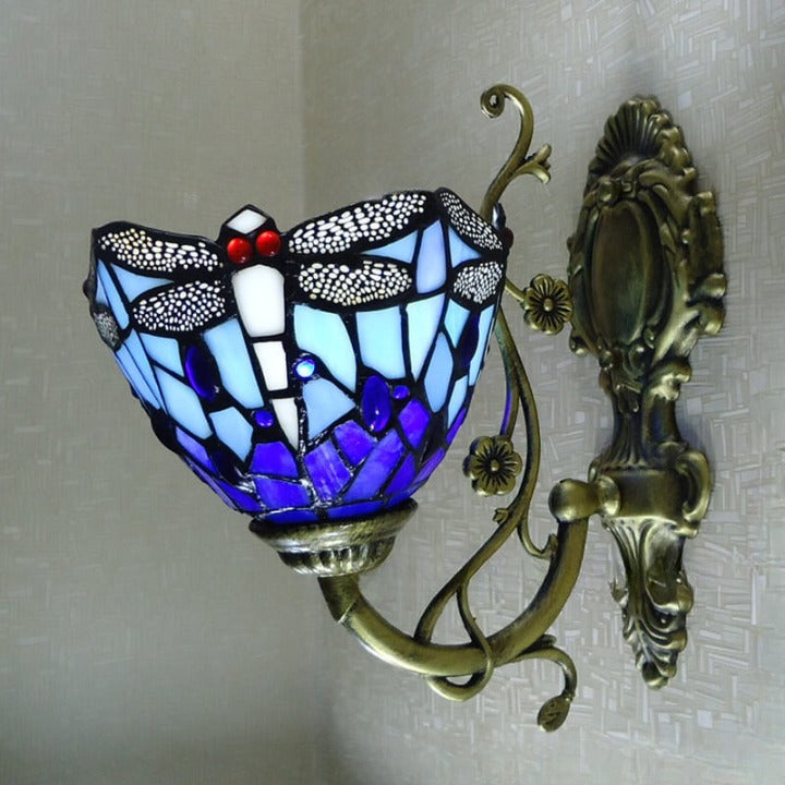 Tiffany Handmade Stained Glass Dragonfly 1-Light Wall Sconce Lamp