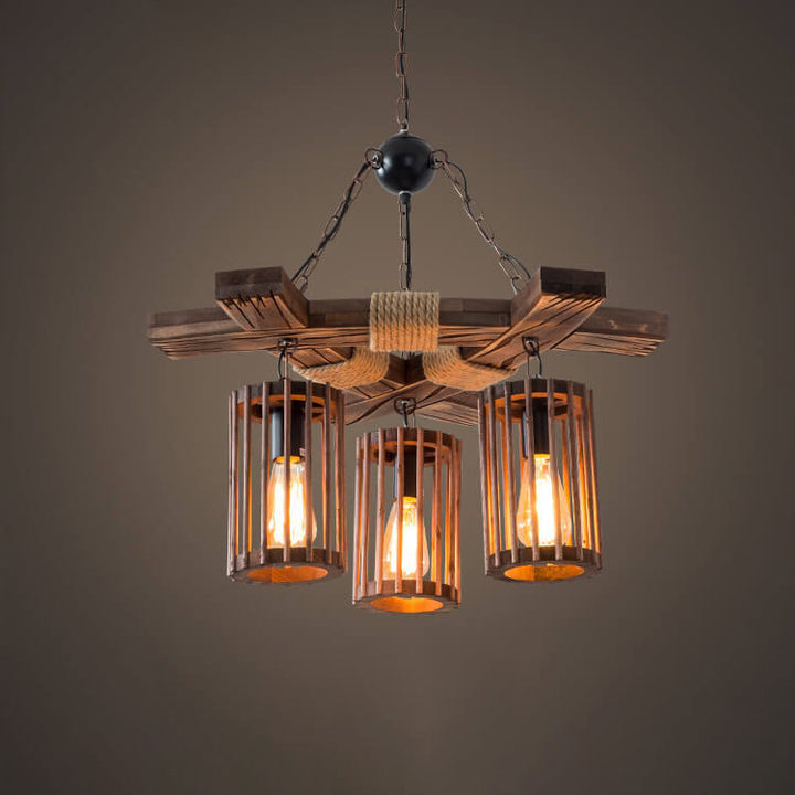 Pantalla de lámpara de jaula de pájaro de madera con cuerda de cáñamo retro, candelabro de 3 luces 