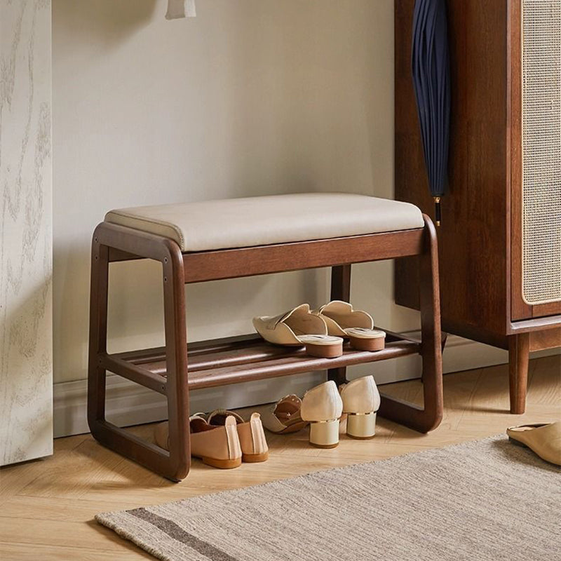 Modern Minimalist Rectangular Rubberwood Faux Leather Shoe Storage Benche For Entryways
