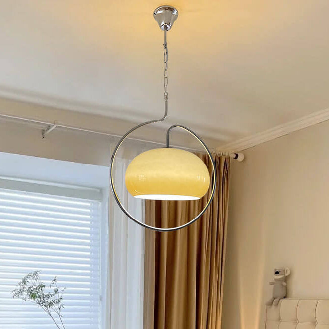 Contemporary Retro Cream Round Hardware Glass 1-Light Pendant Light For Living Room