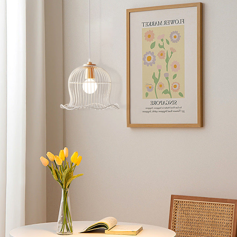 Contemporary Scandinavian Birdcage Wavy Edge Iron 1-Light Pendant Light For Dining Room
