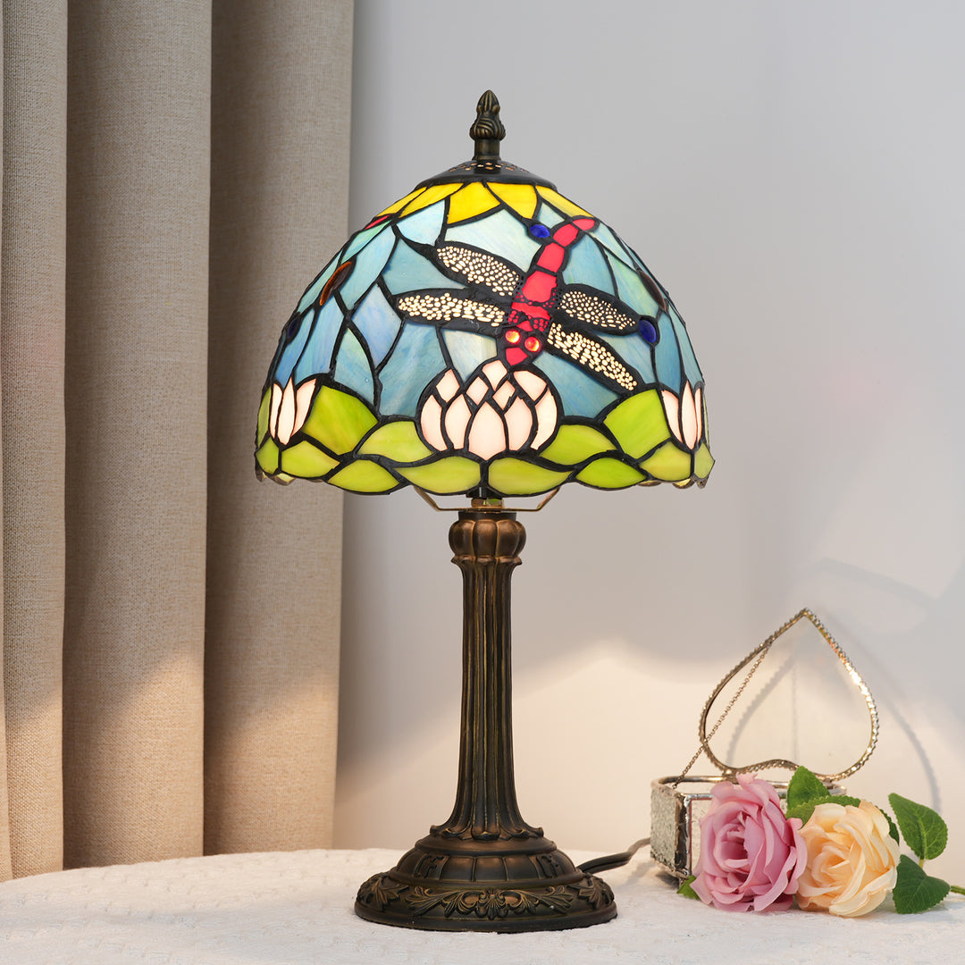 Lampe de table à 1 lumière en résine de verre Tiffany traditionnelle avec dôme et libellule lotus pour étude 