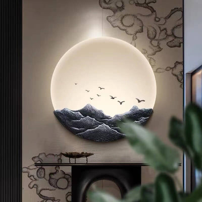 Chinese Classical Three-Dimensional Sculpture Resin Mountain Acrylic Round LED Wall Sconce Lamp