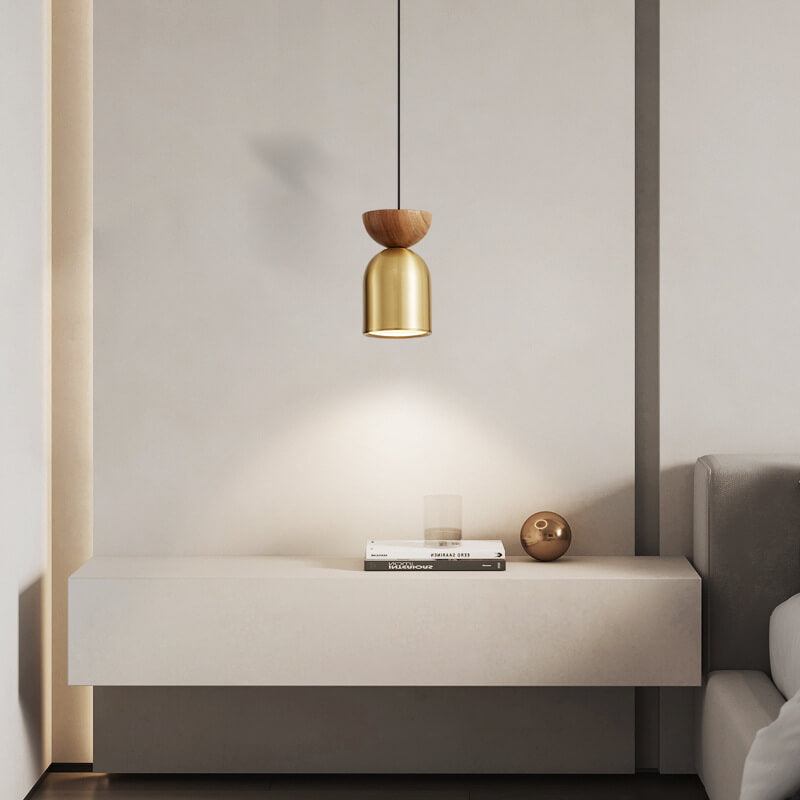 Italian Light Luxury Full Copper Wood Grain Column LED Pendant Light