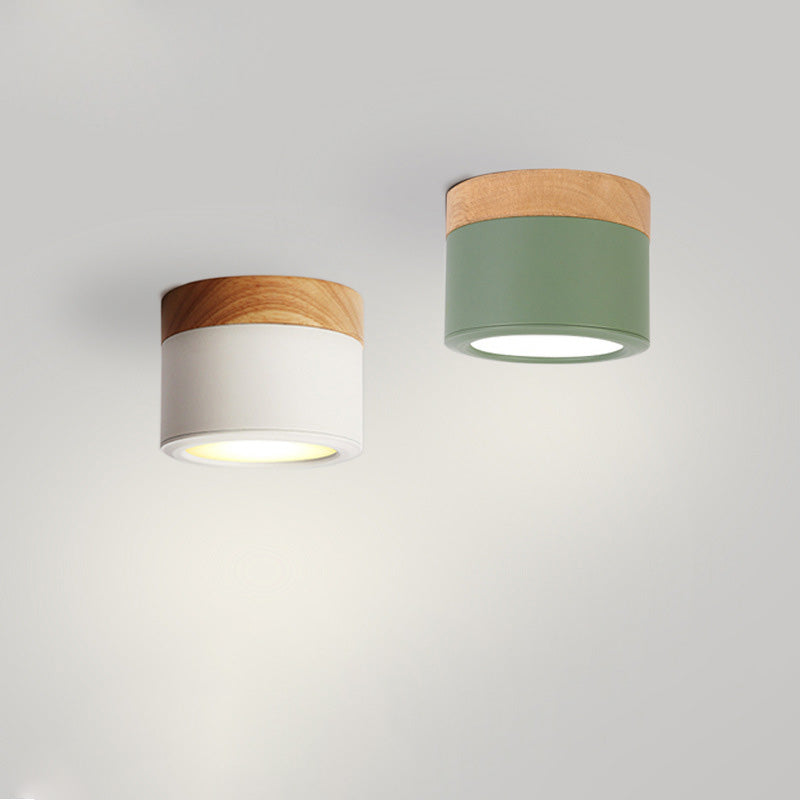 Luz de techo LED de montaje empotrado de cilindro de madera, hierro y acrílico escandinavo contemporáneo para pasillo 