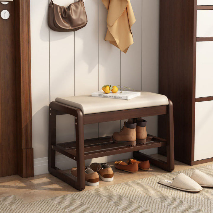 Modern Minimalist Rectangular Rubberwood Faux Leather Shoe Storage Benche For Entryways