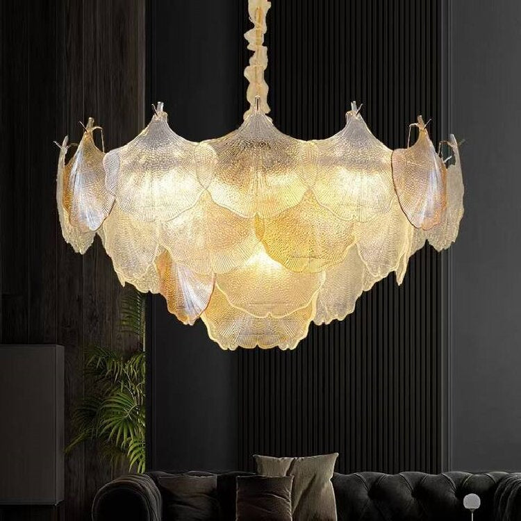 Lustre à 6/9 lumières en verre et fer avec feuille de ginkgo traditionnel français pour salon 