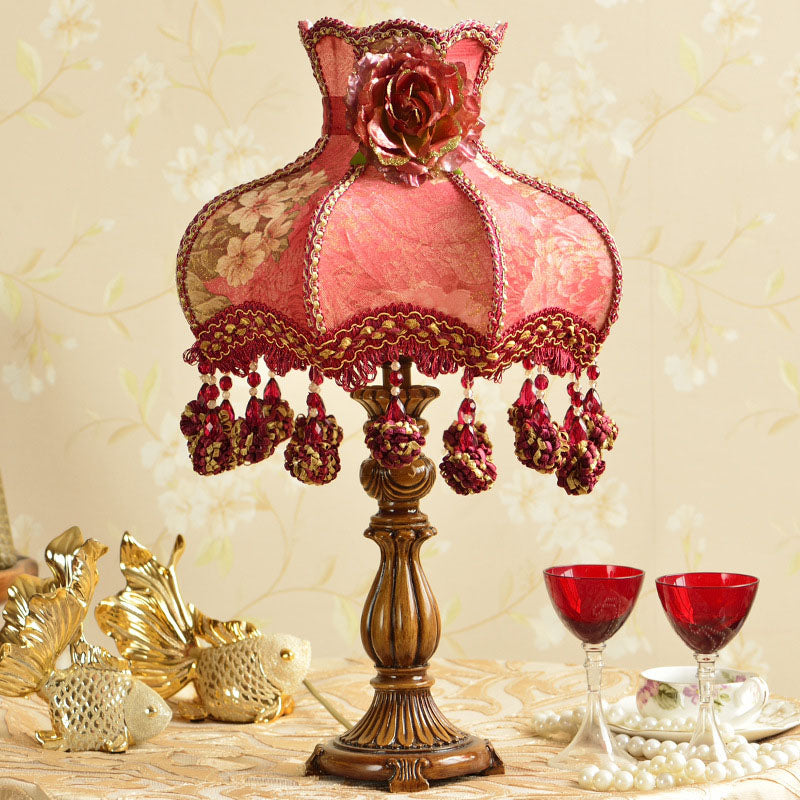 Chinese Ornate Fabric Shade Rose Flower Decor 1-Light Table Lamp