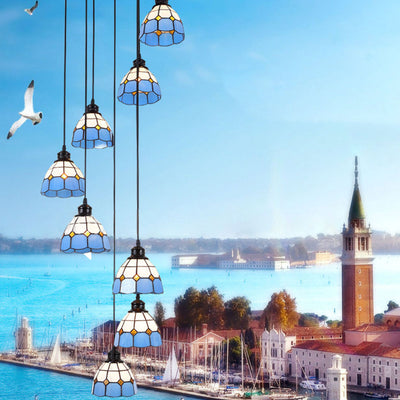 Candelabro de 10 luces de vidrio teñido de resina de hierro cónico costero contemporáneo para sala de estar 