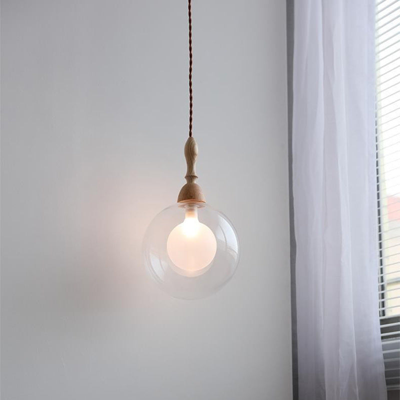 Lámpara colgante de 1 luz de vidrio y madera con forma de orbe japonés tradicional para sala de estar 