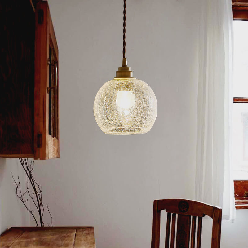 Japanese Vintage Round Crackle Glass Brass 1-Light Pendant Light