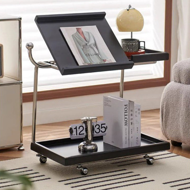 Mesa Auxiliar Rectangular Nórdica Contemporánea de Madera y Acero Inoxidable de 2 Niveles Movible para Sala de Estar 