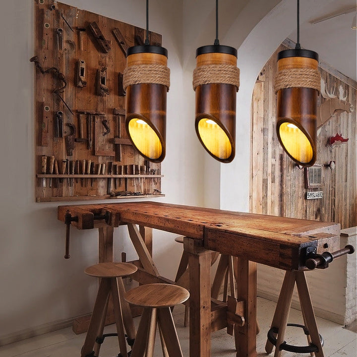 Traditional Chinese Hemp Rope Wrapping Bamboo Tube Design 1/3-Light Chandelier For Dining Room