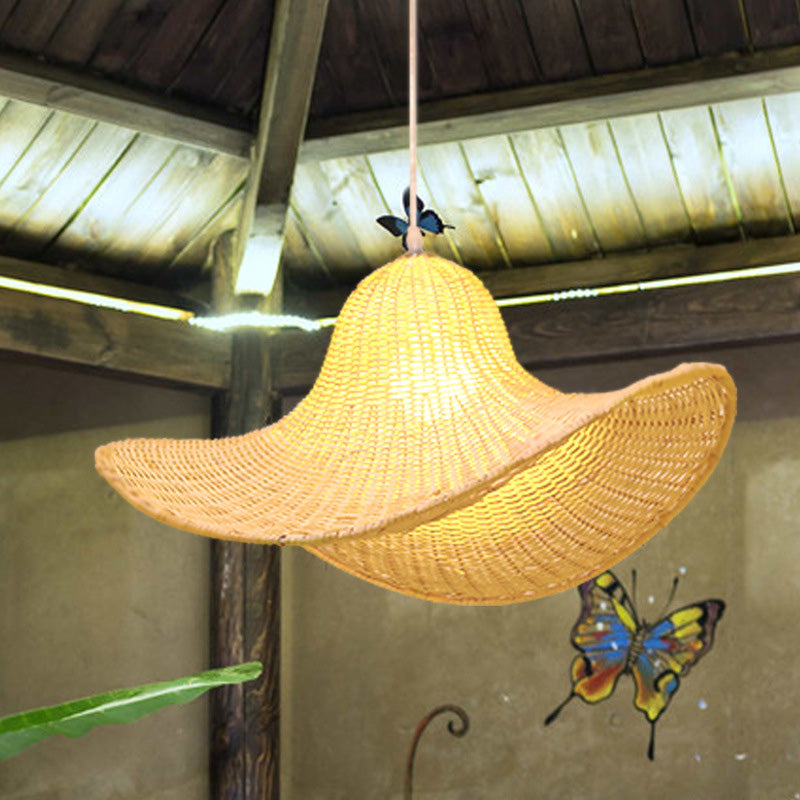 Zeitgenössische kreative Rattan weben Eisen Hut 1-Licht Pendelleuchte für Esszimmer 