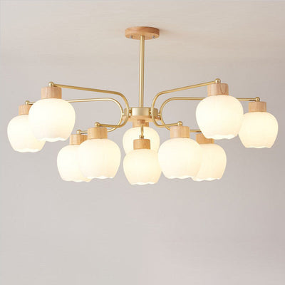 Moderne minimalistische gebogene Stange weiße Glockenblume Hardware Holz Glas 6/10 Licht Kronleuchter für Wohnzimmer 