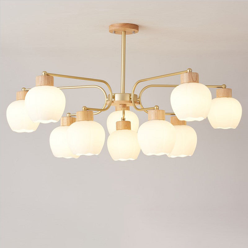 Moderne minimalistische gebogene Stange weiße Glockenblume Hardware Holz Glas 6/10 Licht Kronleuchter für Wohnzimmer 