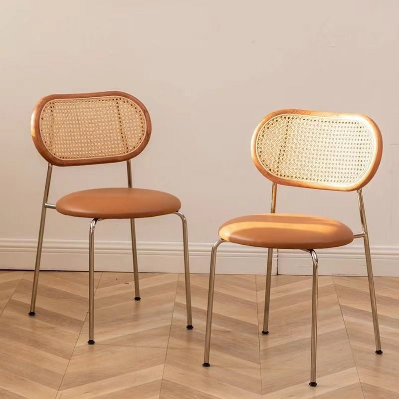 Contemporary Vintage Round Rectangular Rubberwood Plywood Iron Faux Leather PE Rattan Dining Chair Backrest For Dining Room