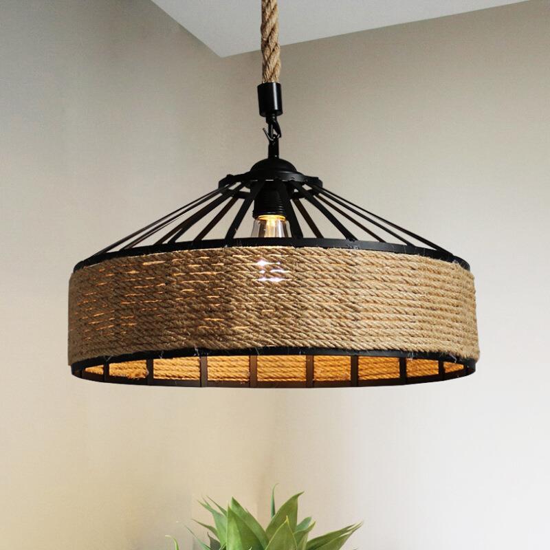 Traditional Rustic Round Iron Hemp Rope 1-Light Pendant Light For Living Room