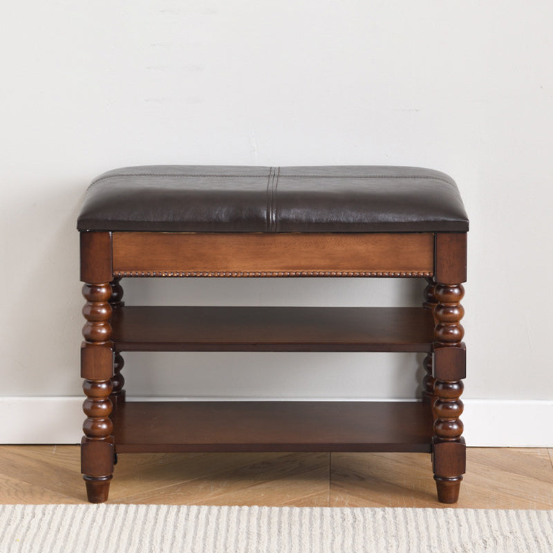 Taburete de tocador sin respaldo ni brazos, de madera de caucho y cuero PU, rectangular, estilo tradicional europeo, para sala de estar 
