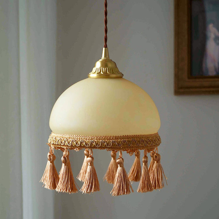 Suspension Luminaire en Tissu de Verre Cuivre à Pompon Rond Traditionnel Français 1 Lumière pour Salon 