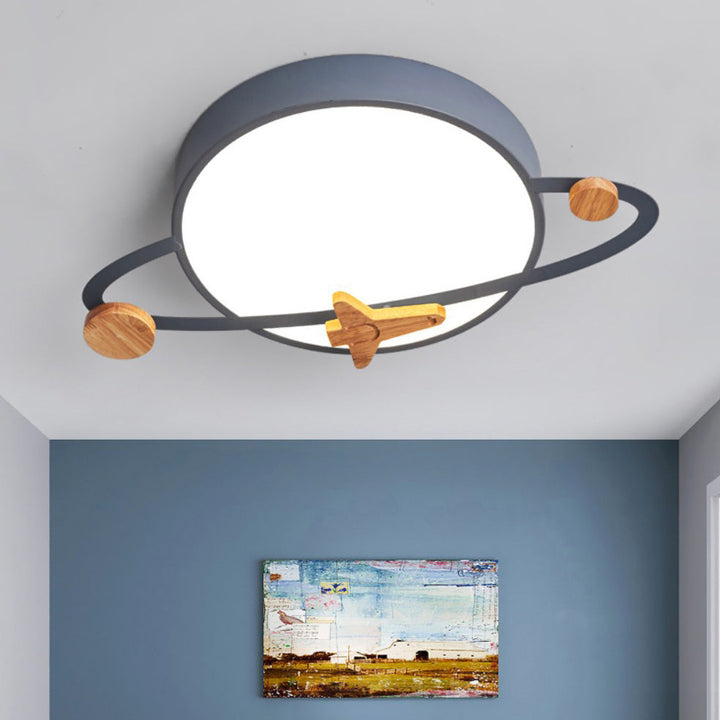 Contemporary Scandinavian Iron Acrylic Wood Round Planet Design LED Kids Flush Mount Ceiling Light For Bedroom