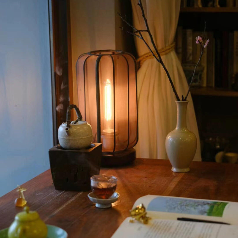 Chinese Zen Transparent Silk Lampshade Solid Wood 1-Light Table Lamp