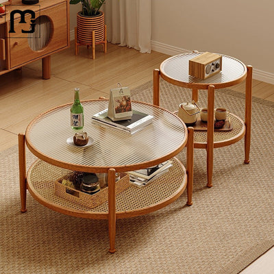 Traditioneller japanischer runder Glastisch aus Rattan und massivem Holz mit 2 Ebenen für das Wohnzimmer 