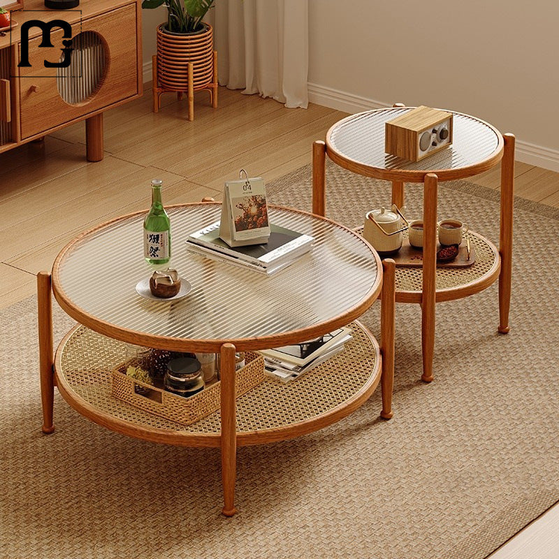 Traditioneller japanischer runder Glastisch aus Rattan und massivem Holz mit 2 Ebenen für das Wohnzimmer 